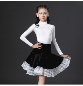 Girls kids white lace with black velvet fringe latin ballroom dance dresses salsa rumba chacha dance costumes for children